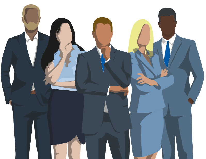 Illustration einer divers zusammengesetzten Gruppe von fünf Geschäftsleuten in formeller Kleidung.